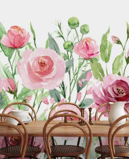 Painted Pink Roses with Green Leaves Wallpaper Painted Pink Roses with Green Leaves Wallpaper