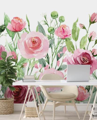 Papier Peint Roses Peintes avec Feuilles Vertes Papier Peint Roses Peintes avec Feuilles Vertes