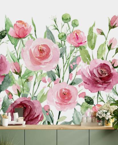 Painted Pink Roses with Green Leaves Wallpaper Painted Pink Roses with Green Leaves Wallpaper