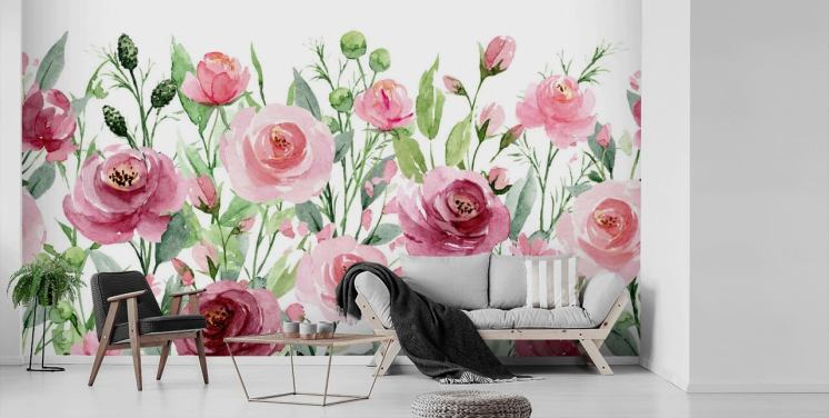 Papel de parede de rosas rosa pintadas com folhas verdes