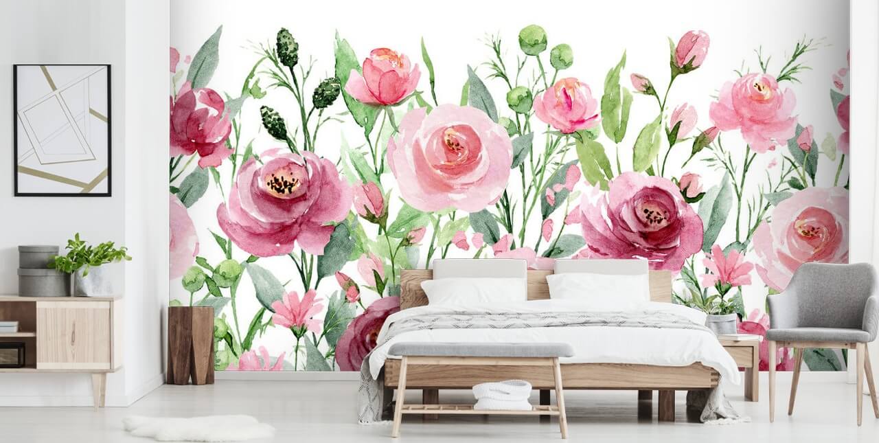 Målade rosa rosor med gröna blad Bakgrund