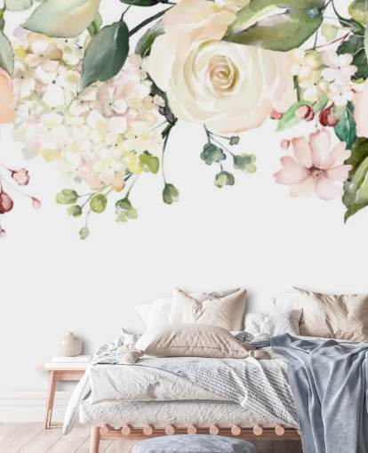 ljusrosa och salviagrön anpassade hängande blommor tapetväggmålning kallad Romantic Flower Chandelier för matsalar ljusrosa och salviagrön anpassade hängande blommor tapetväggmålning kallad Romantic Flower Chandelier för matsalar