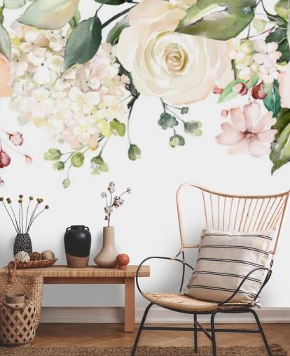 ljusrosa och salviagrön anpassade hängande blommor tapetväggmålning kallad Romantic Flower Chandelier för matsalar ljusrosa och salviagrön anpassade hängande blommor tapetväggmålning kallad Romantic Flower Chandelier för matsalar