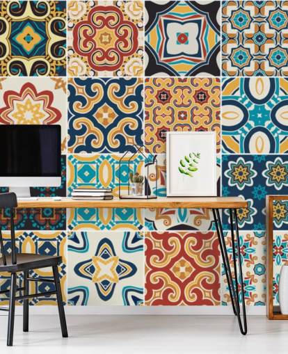 Papier peint marocain en terre cuite et carreaux bleus Papier peint marocain en terre cuite et carreaux bleus