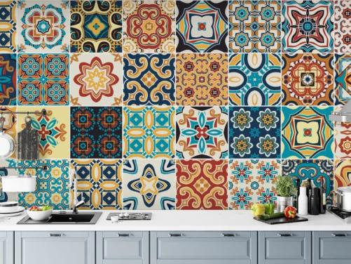 Terracotta and Blue Medley Tile Wallpaper