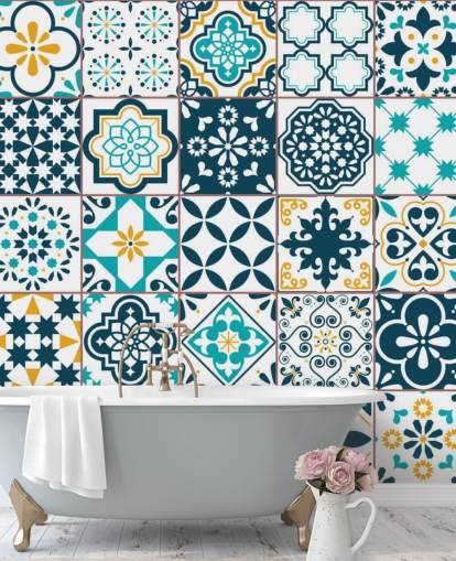 blå och senap mönster kakel tapeter blå och senap mönster kakel tapeter