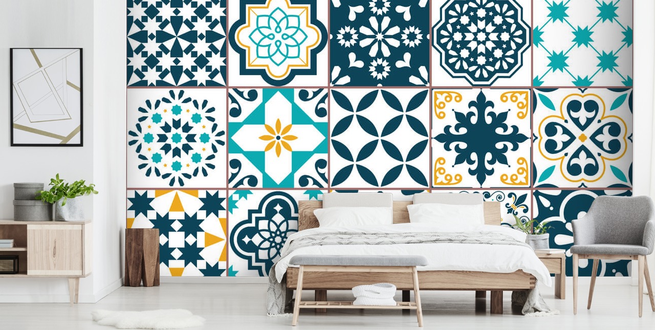 blå og sennep mønster fliser tapet blå og sennep mønster fliser tapet