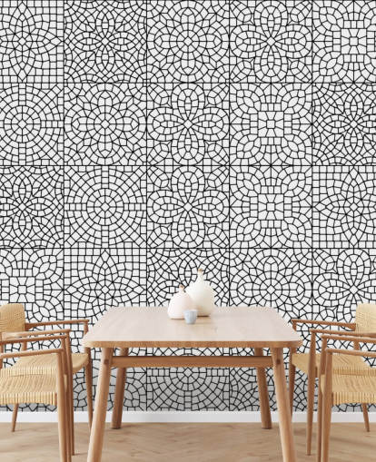 Wandgemälde mit Mosaikfliesen in Schwarz und Weiß Wandgemälde mit Mosaikfliesen in Schwarz und Weiß