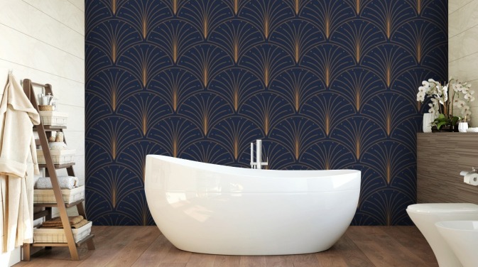 papel pintado azul oscuro con estampado vintage