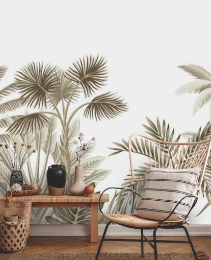 mycket subtil brun illustrerad djungel på vit bakgrund väggmålning mycket subtil brun illustrerad djungel på vit bakgrund väggmålning