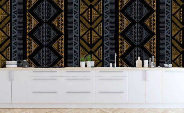 donkerblauw en oker tribal patroon behang