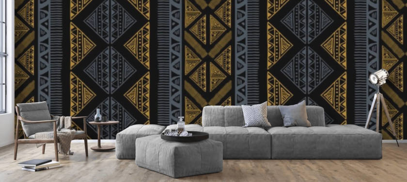 dark blue and ochre tribal pattern wallpaper