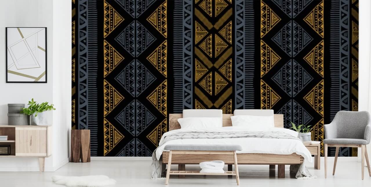 donkerblauw en oker tribal patroon behang