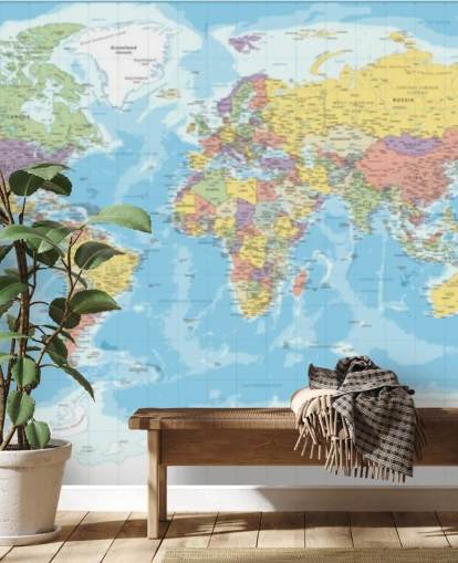 kleurrijk behang met wereldkaart in het midden van Europa kleurrijk behang met wereldkaart in het midden van Europa