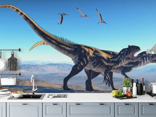 Twee Allosaurus' op een bergbehang