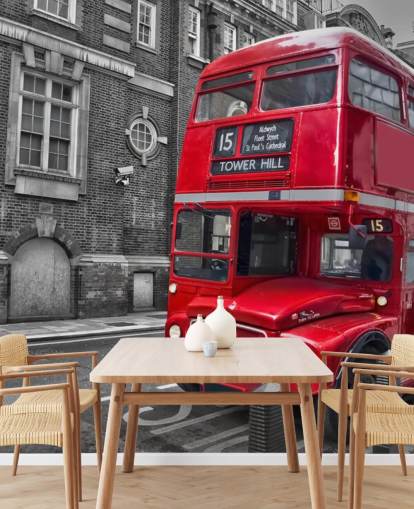 svart, vit och röd london buss tapetväggmålning kallad Red London Bus för hemmakontor och vardagsrum svart, vit och röd london buss tapetväggmålning kallad Red London Bus för hemmakontor och vardagsrum