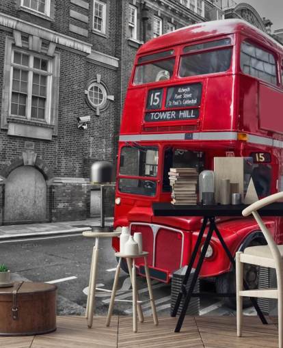zwart-witte en rode Londense bus behangmuurschildering genaamd Red London Bus voor thuiskantoren en woonkamers zwart-witte en rode Londense bus behangmuurschildering genaamd Red London Bus voor thuiskantoren en woonkamers