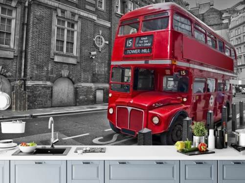 sort, hvid og rød london bus tapet vægmaleri kaldet Red London Bus til hjemmekontorer og stuer