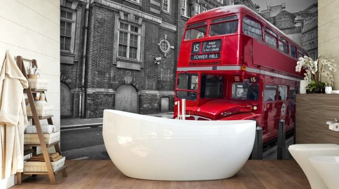sort, hvid og rød london bus tapet vægmaleri kaldet Red London Bus til hjemmekontorer og stuer