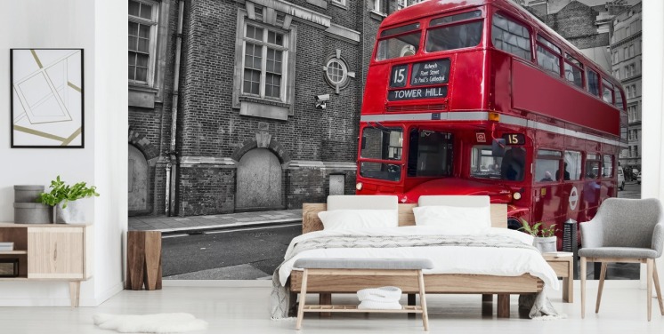 sort, hvid og rød london bus tapet vægmaleri kaldet Red London Bus til hjemmekontorer og stuer