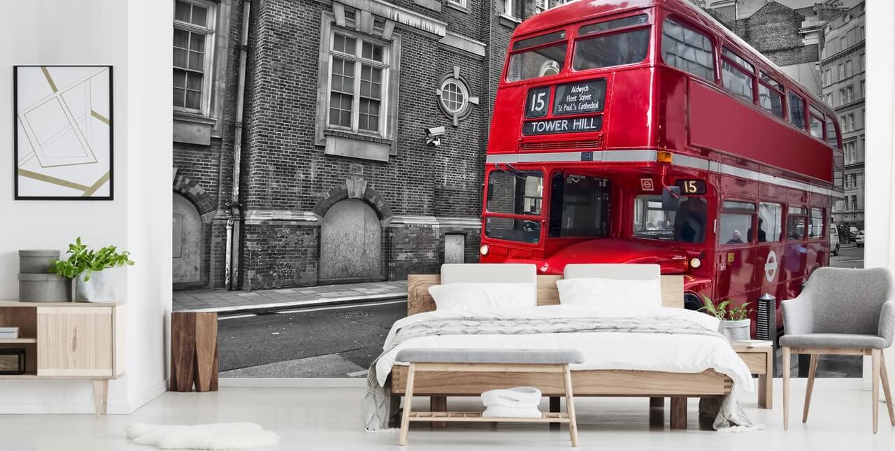 carta da parati murale con autobus londinese nero, bianco e rosso chiamato Red London Bus per casa, uffici e salotti carta da parati murale con autobus londinese nero, bianco e rosso chiamato Red London Bus per casa, uffici e salotti