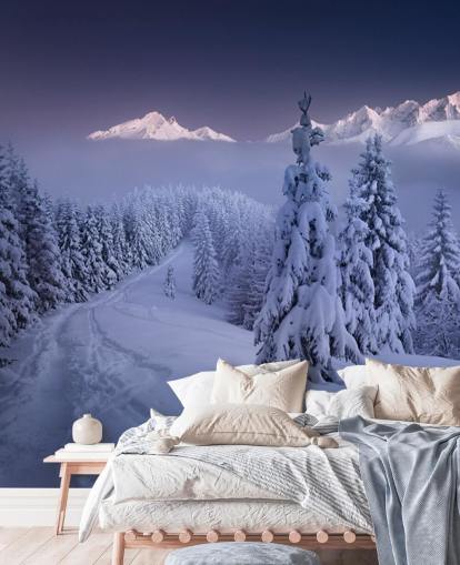 snöig skog och pisten med berg i fjärran tapeter snöig skog och pisten med berg i fjärran tapeter