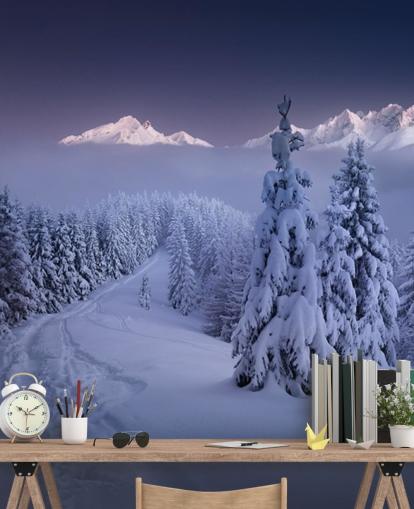snowy forest and piste with mountains in the distance wallpaper snowy forest and piste with mountains in the distance wallpaper