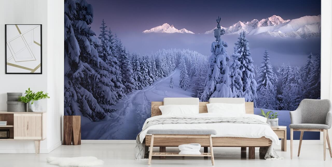 forêt enneigée et piste avec des montagnes au loin papier peint