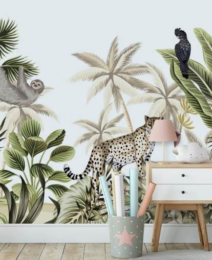 papel pintado ilustrado de leopardo, perezoso y pájaro selva tropical papel pintado ilustrado de leopardo, perezoso y pájaro selva tropical