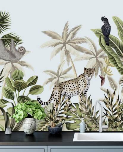 illustrated leopard, sloth and bird tropical jungle wallpaper illustrated leopard, sloth and bird tropical jungle wallpaper
