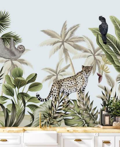 illustreret leopard, dovendyr og fugl tropisk jungle tapet illustreret leopard, dovendyr og fugl tropisk jungle tapet