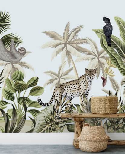 illustrated leopard, sloth and bird tropical jungle wallpaper illustrated leopard, sloth and bird tropical jungle wallpaper