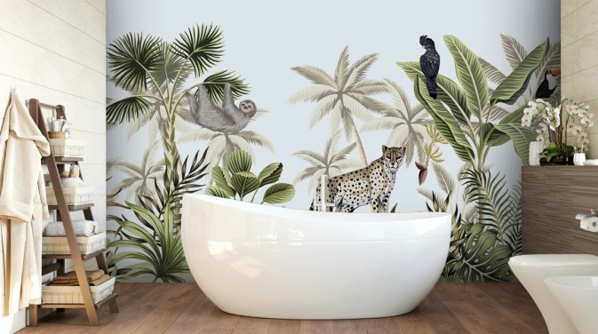 illustrated leopard, sloth and bird tropical jungle wallpaper