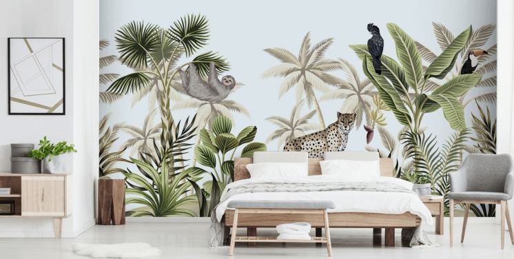 geïllustreerd luipaard, luiaard en vogel tropische jungle behang