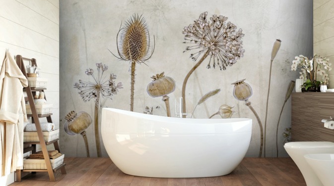 beige och brun anpassningsbar blommig tapet kallad Aged with Beauty av Mandy Disher för sovrum, vardagsrum och matsalar