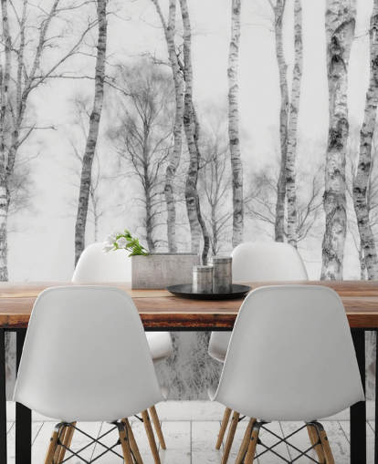 Adesivo murale in bianco e nero con schizzo di betulla effetto foresta Adesivo murale in bianco e nero con schizzo di betulla effetto foresta