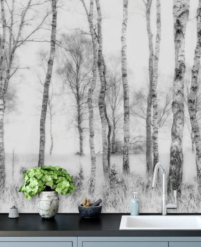 Adesivo murale in bianco e nero con schizzo di betulla effetto foresta Adesivo murale in bianco e nero con schizzo di betulla effetto foresta