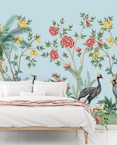 geïllustreerde exotische vogels, citroen- en bloesembomen oosters behang geïllustreerde exotische vogels, citroen- en bloesembomen oosters behang