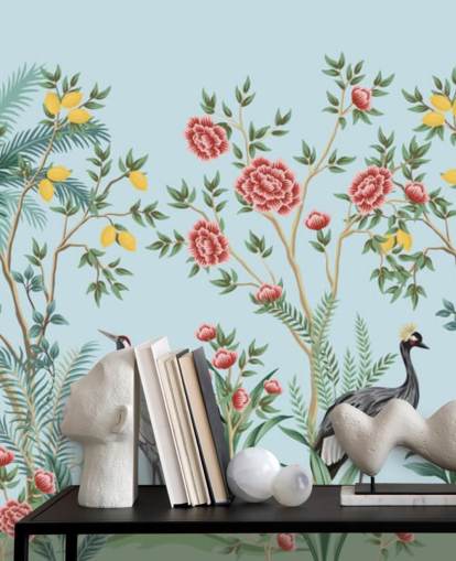 illustrated exotic birds, lemon and blossom trees oriental wallpaper illustrated exotic birds, lemon and blossom trees oriental wallpaper