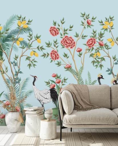 illustrated exotic birds, lemon and blossom trees oriental wallpaper illustrated exotic birds, lemon and blossom trees oriental wallpaper