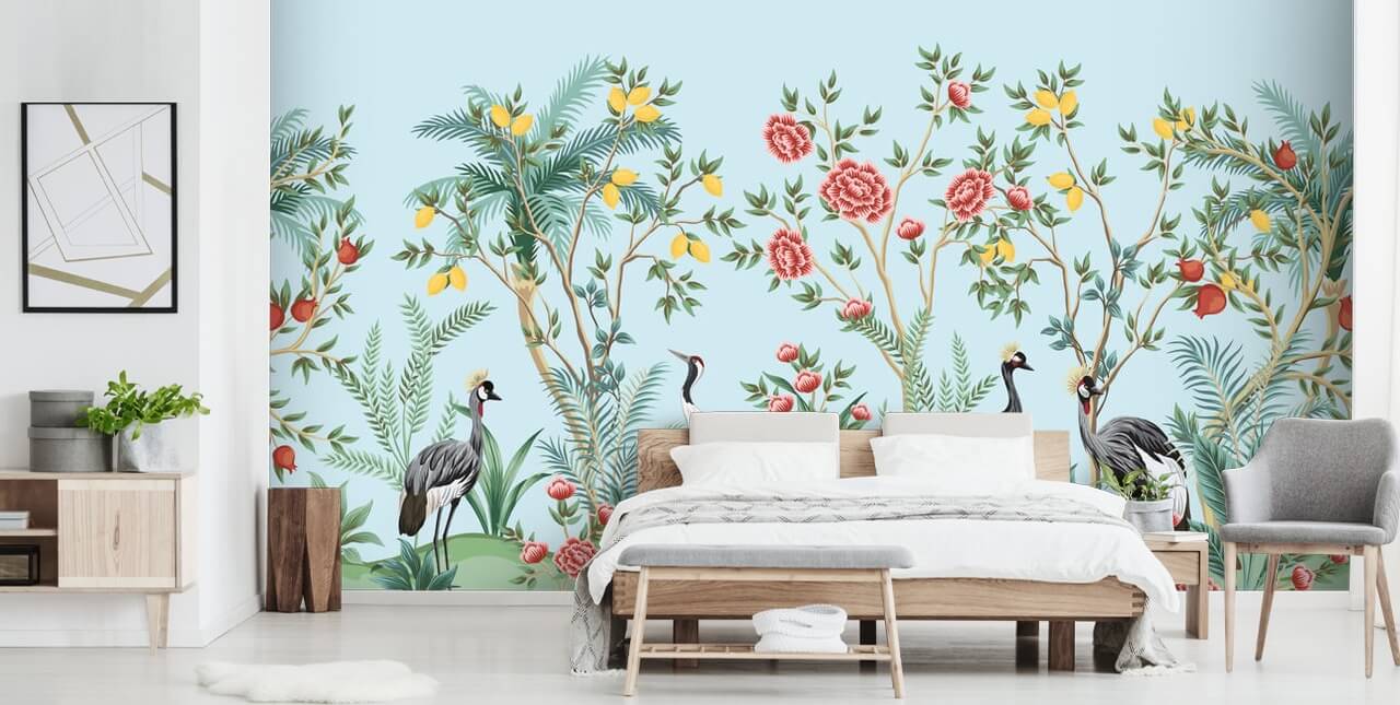 papier peint oriental illustré d'oiseaux exotiques, de citronniers et de fleurs papier peint oriental illustré d'oiseaux exotiques, de citronniers et de fleurs