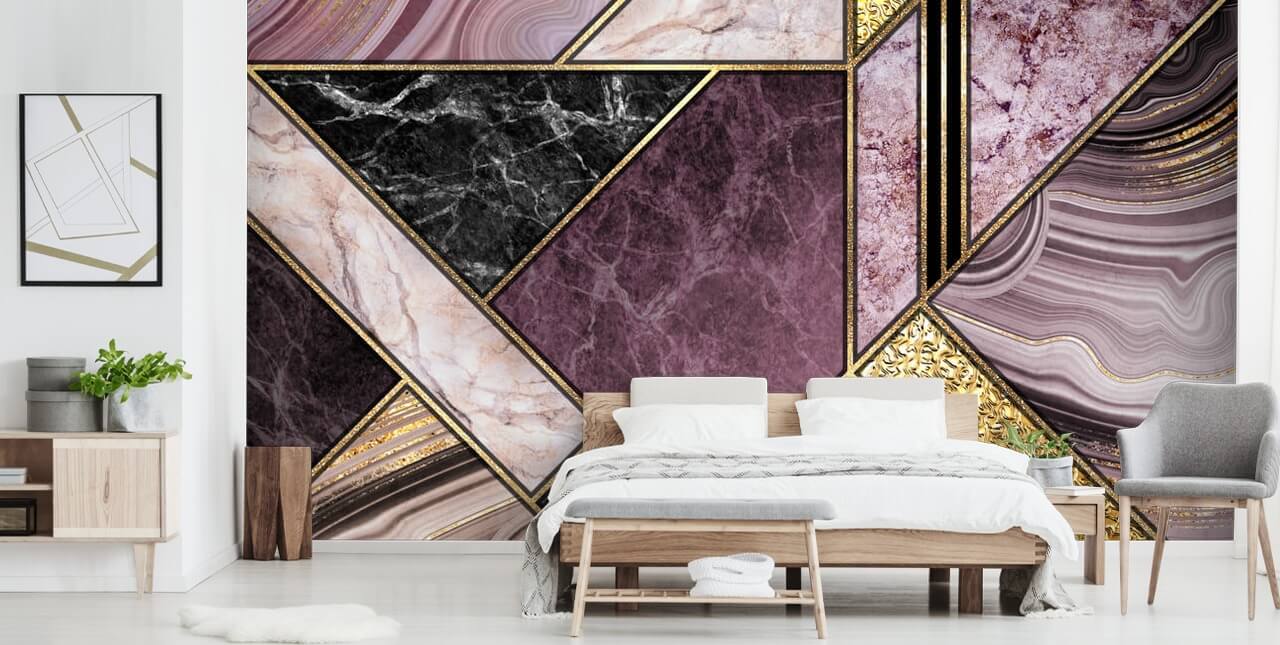 papel pintado geométrico de mármol y oro morado y negro