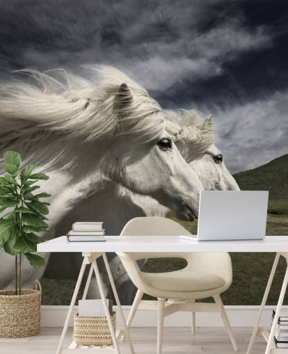 Mural de pared Pareja de caballos blancos en campo Mural de pared Pareja de caballos blancos en campo