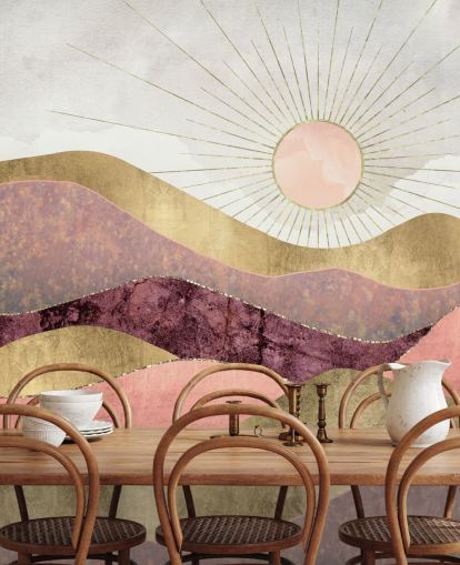 vaaleanpunainen violetti ja kultainen auringonnousun taustakuvamaalaus nimeltä Blush Sun by SpaceFrog Designs makuuhuoneisiin vaaleanpunainen violetti ja kultainen auringonnousun taustakuvamaalaus nimeltä Blush Sun by SpaceFrog Designs makuuhuoneisiin