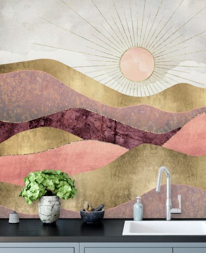 Sonnenaufgangstapete mit rosa, lila und goldenem Effekt namens Blush Sun von SpaceFrog Designs für Schlafzimmer Sonnenaufgangstapete mit rosa, lila und goldenem Effekt namens Blush Sun von SpaceFrog Designs für Schlafzimmer