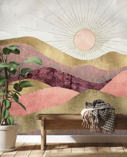 mural de papel pintado con efecto rosa, morado y dorado al amanecer llamado Blush Sun de SpaceFrog Designs para dormitorios mural de papel pintado con efecto rosa, morado y dorado al amanecer llamado Blush Sun de SpaceFrog Designs para dormitorios