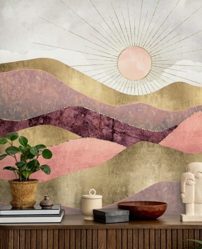 pink purple and gold effect sunrise wallpaper mural called Blush Sun by SpaceFrog Designs for bedrooms pink purple and gold effect sunrise wallpaper mural called Blush Sun by SpaceFrog Designs for bedrooms