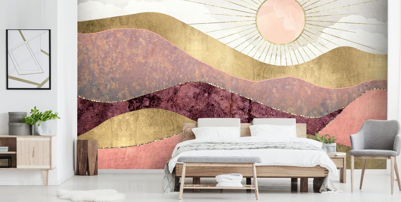 pink purple and gold effect sunrise wallpaper mural called Blush Sun by SpaceFrog Designs for bedrooms