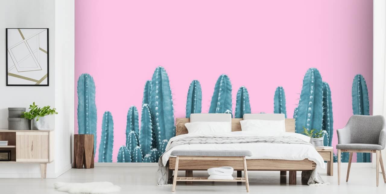 roze en groenblauw cactus behang