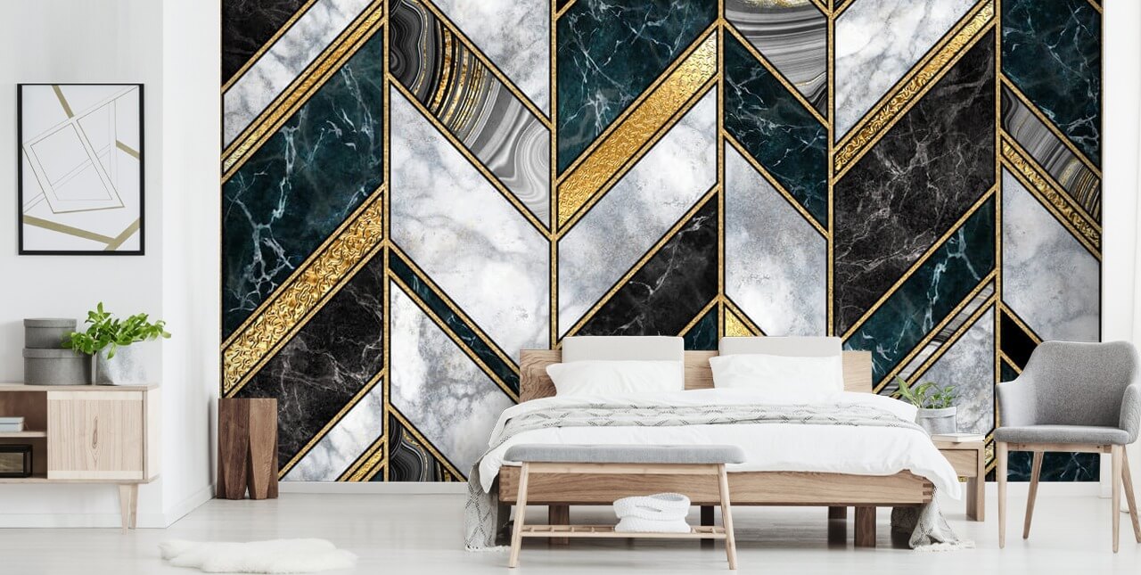 papier peint art déco zigzag gris et doré 